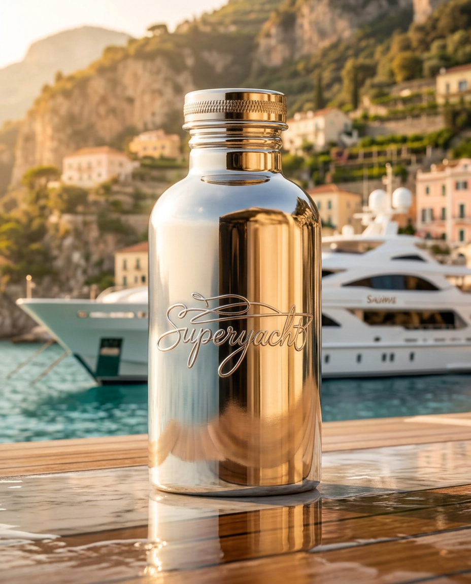 Superyacht chrome aluminum bottle on a teak deck with a Mediterranean superyacht in the background